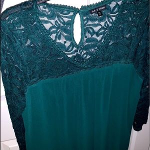 Emerald Green Dress with sheer lace sleeves and detail